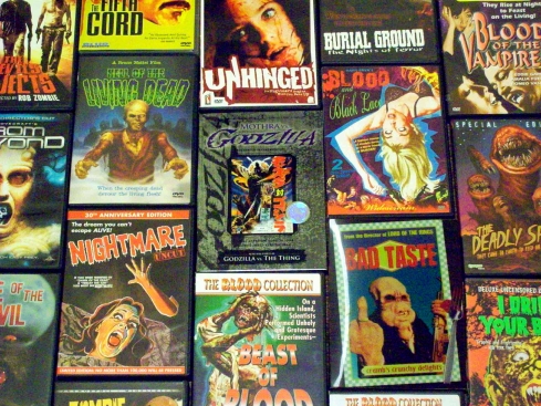 A small but very representative sampling of my DVD collection, which runs very heavy on trashy 70s and 80s horror and monster movies.